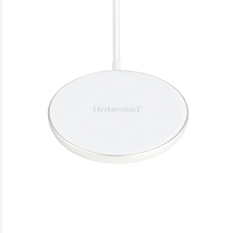Draufsicht auf ein weißes kabelloses Ladegerät mit Kabel, silberner Umrandung und 'Intenso'-Logo.