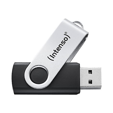 Schwarzer USB-Stick mit schwenkbarem, silbernem Metallgehäuse und Intenso-Logo auf weißem Hintergrund.