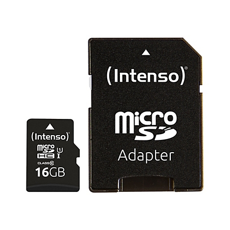 Schwarzer MicroSD-Adapter und Karte von Intenso. Adapter mit Schriftzug 'MicroSD Adapter', Karte: 16GB.