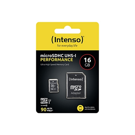 Verpackung einer microSDHC-Karte von Intenso, 16 GB. Karte und Adapter im Bild.