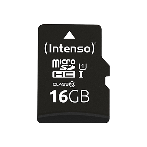 Schwarze Micro-SD-Karte mit weiÃŸer Schrift. Aufschrift: Intenso, Micro SDHC, 16GB, Class 10.