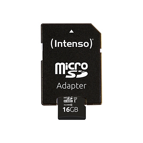 Schwarzer Intenso MicroSD-Adapter mit eingelegter 16GB MicroSD-Karte. Beschriftung: Intenso, Micro SD, Adapter.