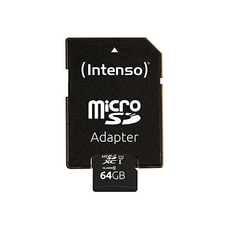 Schwarzer Intenso microSD-Adapter mit eingesteckter 64 GB Speicherkarte auf weißem Hintergrund.