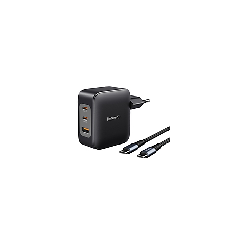 Schwarzes Ladegerät mit drei USB-Anschlüssen und zwei USB-C-Kabeln.