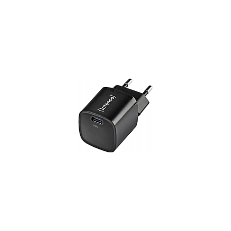Schwarzes USB-C Ladegerät mit dem Logo Intenso, Stecker und USB-C Anschluss.