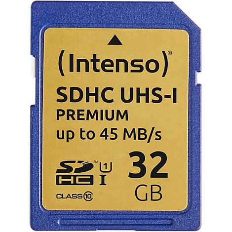 Blaue SD-Karte mit gelber Oberfläche und schwarzem Text, Markenname 'Intenso'. 32 GB Speicher.