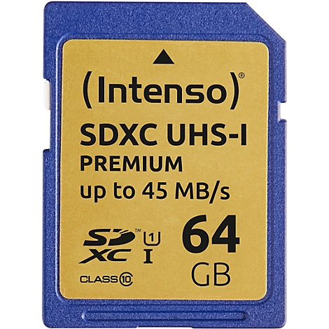 Eine SD-Karte von Intenso. Aufschrift: SDXC UHS-I, 64 GB. Blaue Kante, gelbe Mitte.
