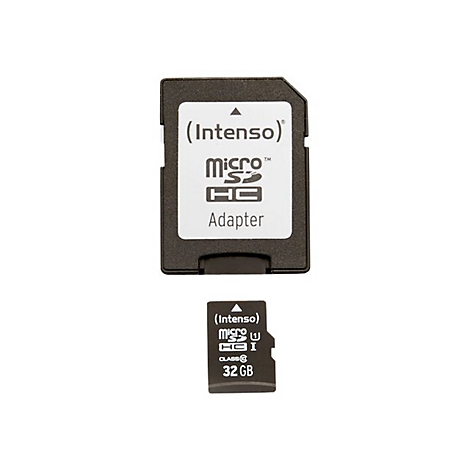 Eine schwarze SD-Karte und ein Adapter vor weißem Hintergrund. Auf der Karte steht "Intenso Micro SDHC Adapter".