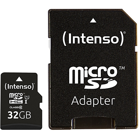 Schwarze Micro-SD-Karte und Adapter. Auf der Karte steht 'Intenso', 'Micro SD' und '32GB'.