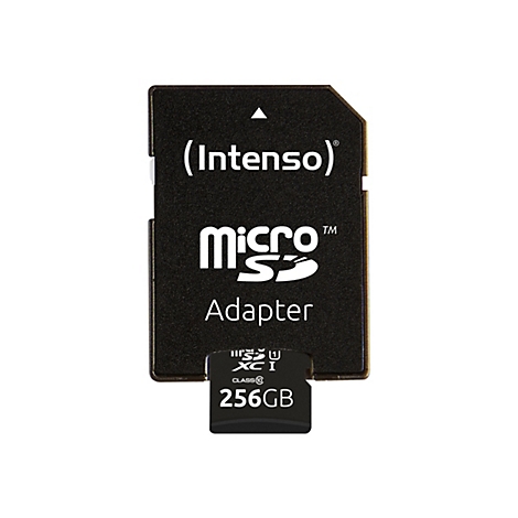 Eine schwarze Intenso Micro SD-Karte mit weißer Schrift, „(Intenso)“, „micro SD Adapter“ und „256GB“.