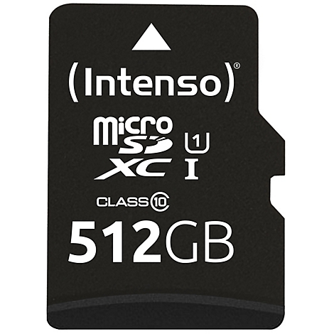 Schwarze microSDXC Speicherkarte, weißer Schriftzug 'Intenso', 512 GB.
