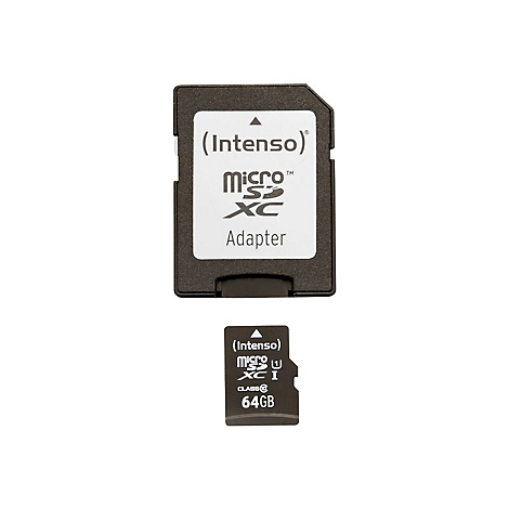 SD-Karten-Adapter und Micro-SD-Karte von Intenso. Aufschrift: Micro SD XC, 64 GB.