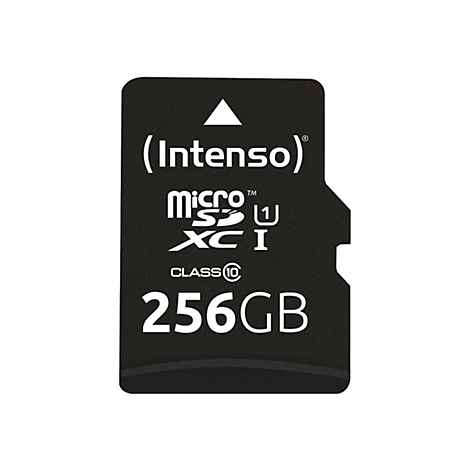 Schwarze SD-Karte mit weißem Text: Intenso, microSDXC, 256GB. Oben ein weißes Dreieck.