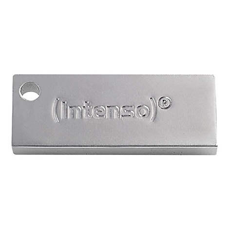 Silberner USB-Stick mit abgerundeten Ecken und dem geprÃ¤gten Schriftzug (Intenso)Â® sowie einem Loch zum AufhÃ¤ngen.