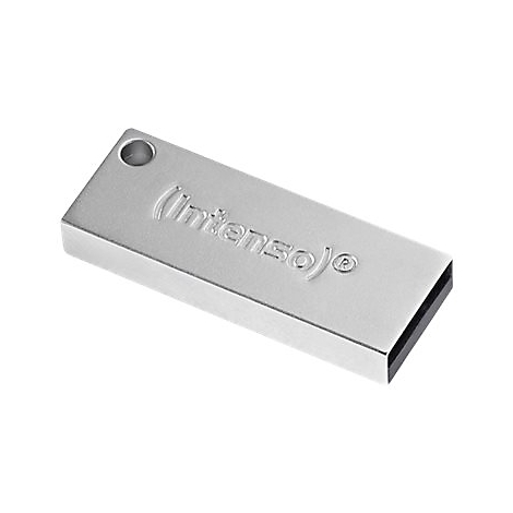 Silberner USB-Stick mit 'Intenso'-Logo und Loch. Der Stick liegt schräg auf hellem Hintergrund.