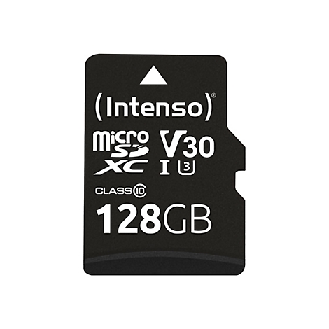 Schwarze microSD-Karte mit weißem Schriftzug. Aufgedruckt sind Marke, Speicherkapazität (128GB) und weitere technische Details.
