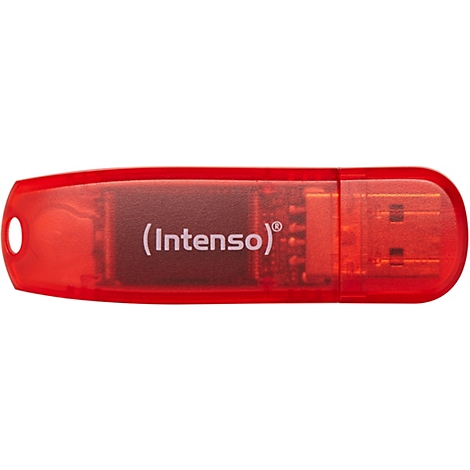 Roter USB-Stick von Intenso. Auf dem Stick ist der Schriftzug 'Intenso' in Weiß zu sehen.