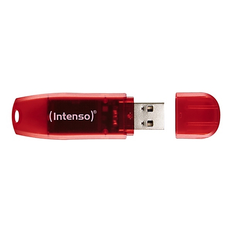 Roter USB-Stick von Intenso mit abgenommenem Verschluss.