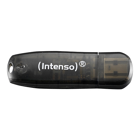 Schwarzer USB-Stick mit Intenso-Logo. Transparentes GehÃ¤use mit USB-Anschluss.