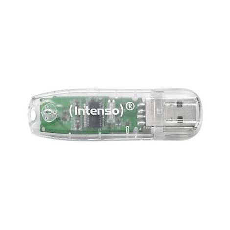 Transparenter USB-Stick mit grünem Innenleben und dem Schriftzug "Intenso".