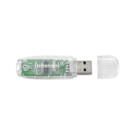 Transparenter USB-Stick mit offenem GehÃ¤use und grÃ¼nem Innenleben. Aufschrift: (Intenso).