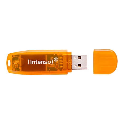 Ein orangefarbener USB-Stick der Marke Intenso mit geÃ¶ffneter Schutzkappe, auf weiÃŸem Hintergrund.