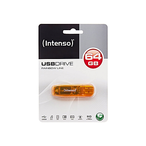 Ein orangerfarbener USB-Stick in einer Blisterverpackung. Auf der Verpackung steht Intenso, USB-Drive Rainbow Line und 64 GB.