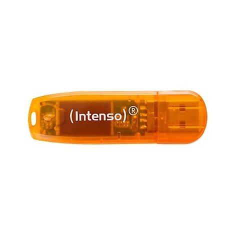 Orangener USB-Stick mit Aufschrift (Intenso). Rechts USB-Anschluss.