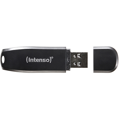 Ein schwarzer USB-Stick mit abnehmbarer Kappe. Auf dem Stick steht in weißer Schrift "(Intenso)".