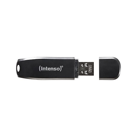 Schwarzer USB-Stick mit abgenommenem Deckel. Aufschrift: (Intenso).