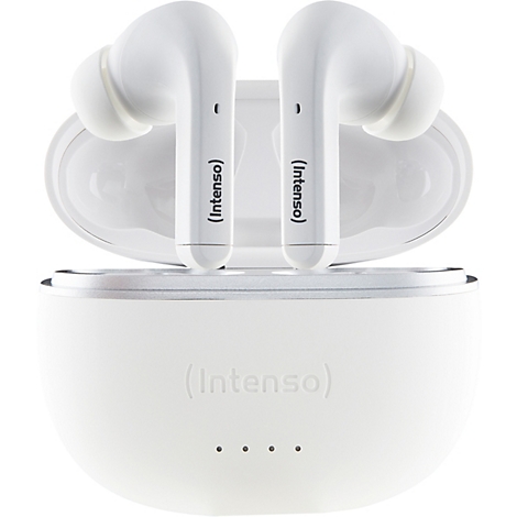 Weiße In-Ear-Kopfhörer mit Ladestation. Auf den Kopfhörern und der Station steht 'Intenso'.