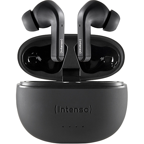 Schwarze In-Ear-Kopfhörer mit Ladecase, Marke Intenso. Die Kopfhörer sind aus dem geöffneten Case herausnehmbar.