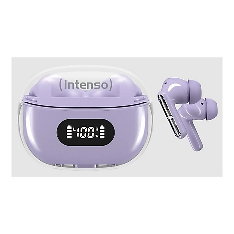 Lila Intenso In-Ear-Kopfhörer mit Ladecase und digitaler Prozentanzeige vor hellem Hintergrund.