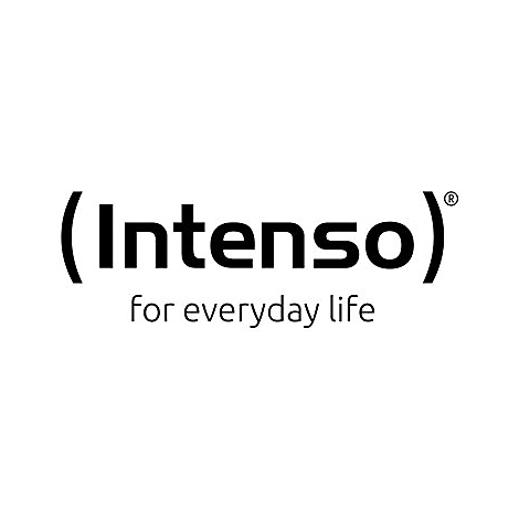 Das schwarze Logo der Marke Intenso mit dem Slogan for everyday life auf weißem Hintergrund.