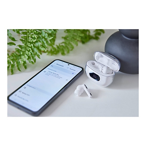 Weiße In-Ear-Kopfhörer mit Ladecase und Smartphone. Auf dem Bildschirm steht "Intenso Buds Plus" verbunden, 100% Akkulaufzeit.