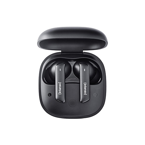 Schwarze In-Ear-Kopfhörer in einer geöffneten, ebenfalls schwarzen Ladebox. Der Markenname 'Intenso' ist zu sehen.