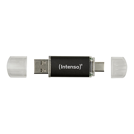 Ein schwarzer USB-Stick mit abgenommenen Kappen auf weißem Hintergrund. Der Stick trägt den Schriftzug "(Intenso)®".