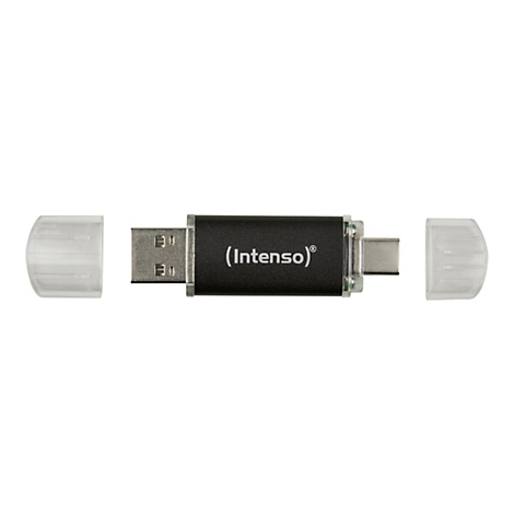 Schwarzer Intenso USB-Stick mit USB-A und USB-C Anschlüssen sowie zwei abgenommenen, transparenten Schutzkappen.