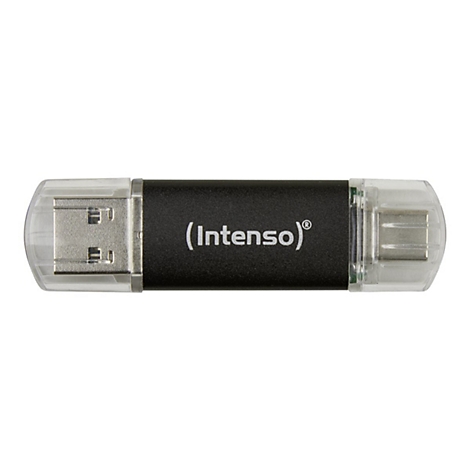 Schwarzer Intenso USB-Stick mit beidseitigen Anschlüssen und transparenten Schutzkappen vor weißem Hintergrund.