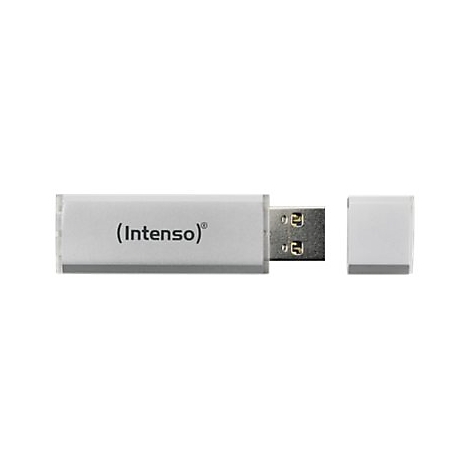 ClÃ© USB Intenso argentÃ©e avec capuchon dÃ©tachÃ©, sur fond blanc.