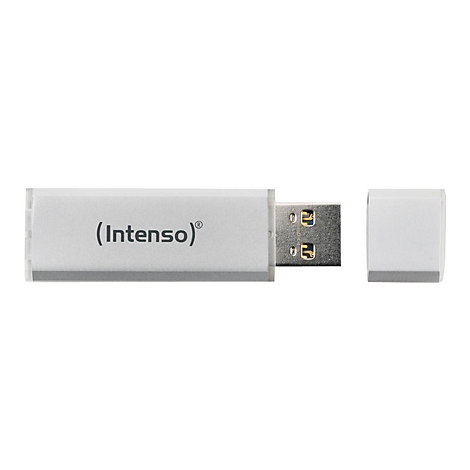 Ein weiÃŸer USB-Stick mit der Aufschrift (Intenso). Die Kappe liegt daneben.