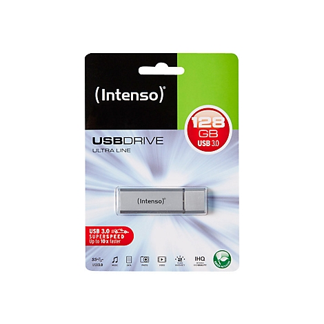 USB-Stick mit 128 GB Speicher. Verpackung mit Markenschriftzug und Produktinformationen.