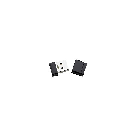 Kleiner USB-Stecker mit abgenommener schwarzer Schutzkappe vor weißem Hintergrund.