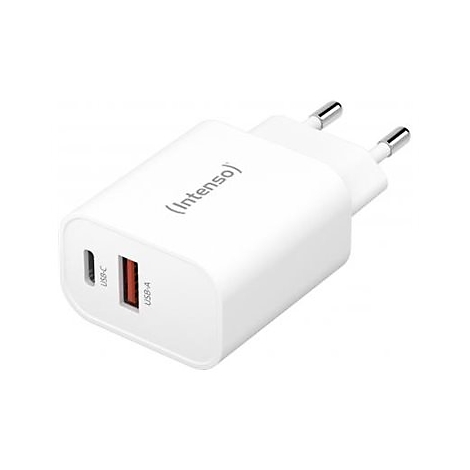 Weißes Ladegerät mit USB-C und USB-A Anschlüssen, Markenlogo Intenso, Stecker.