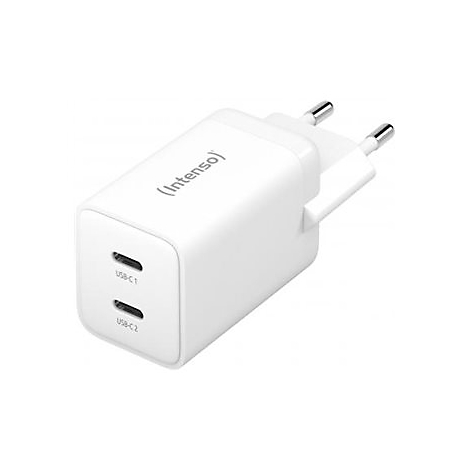 Weißes Ladegerät mit zwei USB-C-Anschlüssen. Der Stecker ist für europäische Steckdosen geeignet. Auf dem Gerät steht Intenso.