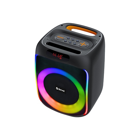 Schwarzer tragbarer Bluetooth-Lautsprecher mit buntem LED-Ring und Display auf weißem Hintergrund.