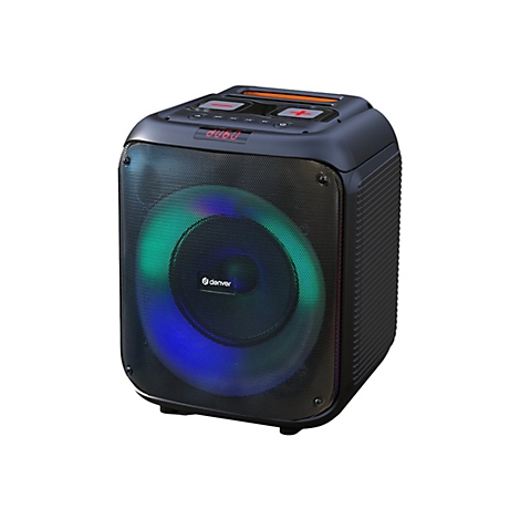 Schwarzer Denver Bluetooth-Lautsprecher mit LED-Ringbeleuchtung und Bedienfeld auf der Oberseite.