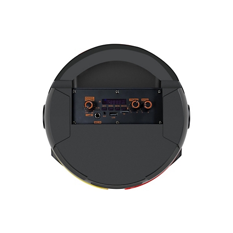 Draufsicht auf das Bedienfeld eines schwarzen zylindrischen Bluetooth-Lautsprechers mit Drehreglern und Anschlüssen.