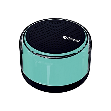 Runder, türkisfarbener Bluetooth-Lautsprecher von Denver mit schwarzer Oberseite und Lautsprechergitter.