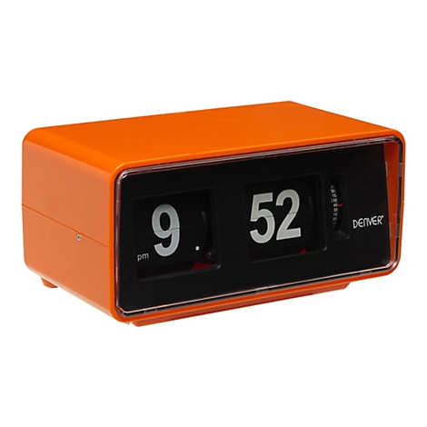 Orangefarbener Retro-Digitalwecker von Denver mit schwarzem Display, zeigt 9:52 pm an.